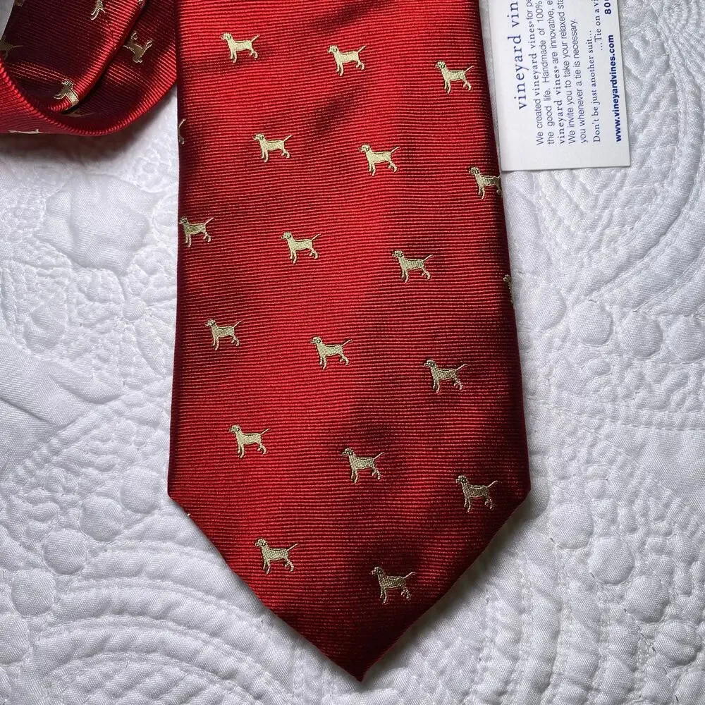 Vineyard Vines Red Silk Neck Tie Yellow Labs NWT Preppy Party Made in USA 58